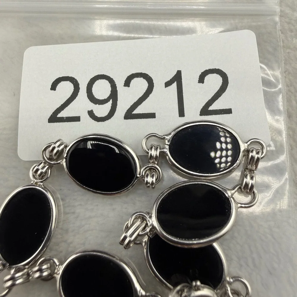 Vintage Sterling Silver Link Bracelet Signed LF Black Polished Stone  7